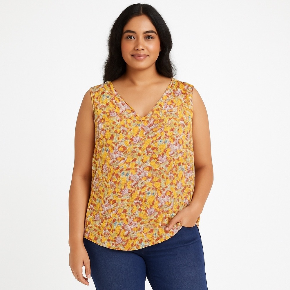Jones New York Floral Tank Top Smocked Sleeveless Casual Blouse XL